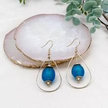 Load image into Gallery viewer, Recycled Glass Teardrop earring - Azure Blue (Silver or Gold)