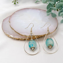 Load image into Gallery viewer, Recycled Glass Teardrop earring - Cyan Blue Swirl (Silver or Gold)