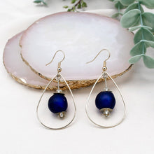 Load image into Gallery viewer, Recycled Glass Teardrop earring - Navy (Silver or Gold)