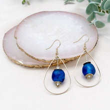 Load image into Gallery viewer, Recycled Glass Teardrop earring - Cobalt swirl (Silver or Gold)