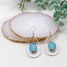 Load image into Gallery viewer, Recycled Glass Teardrop earring - Cyan Blue (Silver or Gold)