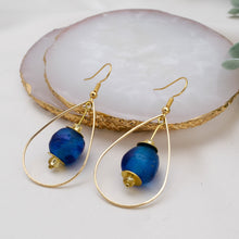 Load image into Gallery viewer, Recycled Glass Teardrop earring - Cobalt swirl (Silver or Gold)
