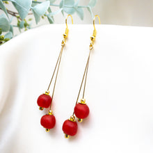 Load image into Gallery viewer, Recycled Glass Double drop earring - Red ruby
