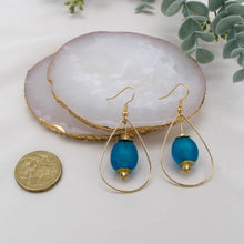 Load image into Gallery viewer, Recycled Glass Teardrop earring - Azure Blue (Silver or Gold)