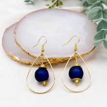 Load image into Gallery viewer, Recycled Glass Teardrop earring - Navy (Silver or Gold)