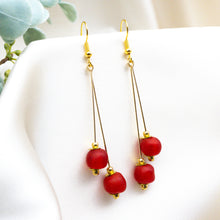 Load image into Gallery viewer, Recycled Glass Double drop earring - Red ruby
