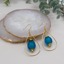 Load image into Gallery viewer, Recycled Glass Teardrop earring - Azure Blue (Silver or Gold)