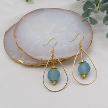 Load image into Gallery viewer, Recycled Glass Teardrop earring - Cyan Blue (Silver or Gold)