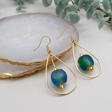 Load image into Gallery viewer, Recycled Glass Teardrop earring - Ocean (Silver or Gold)