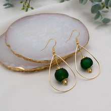 Load image into Gallery viewer, Recycled Glass Teardrop earring - Forest Green (Silver or Gold)