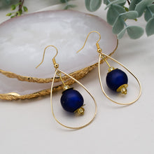 Load image into Gallery viewer, Recycled Glass Teardrop earring - Navy (Silver or Gold)