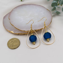 Load image into Gallery viewer, Recycled Glass Teardrop earring - Cobalt (Silver or Gold)
