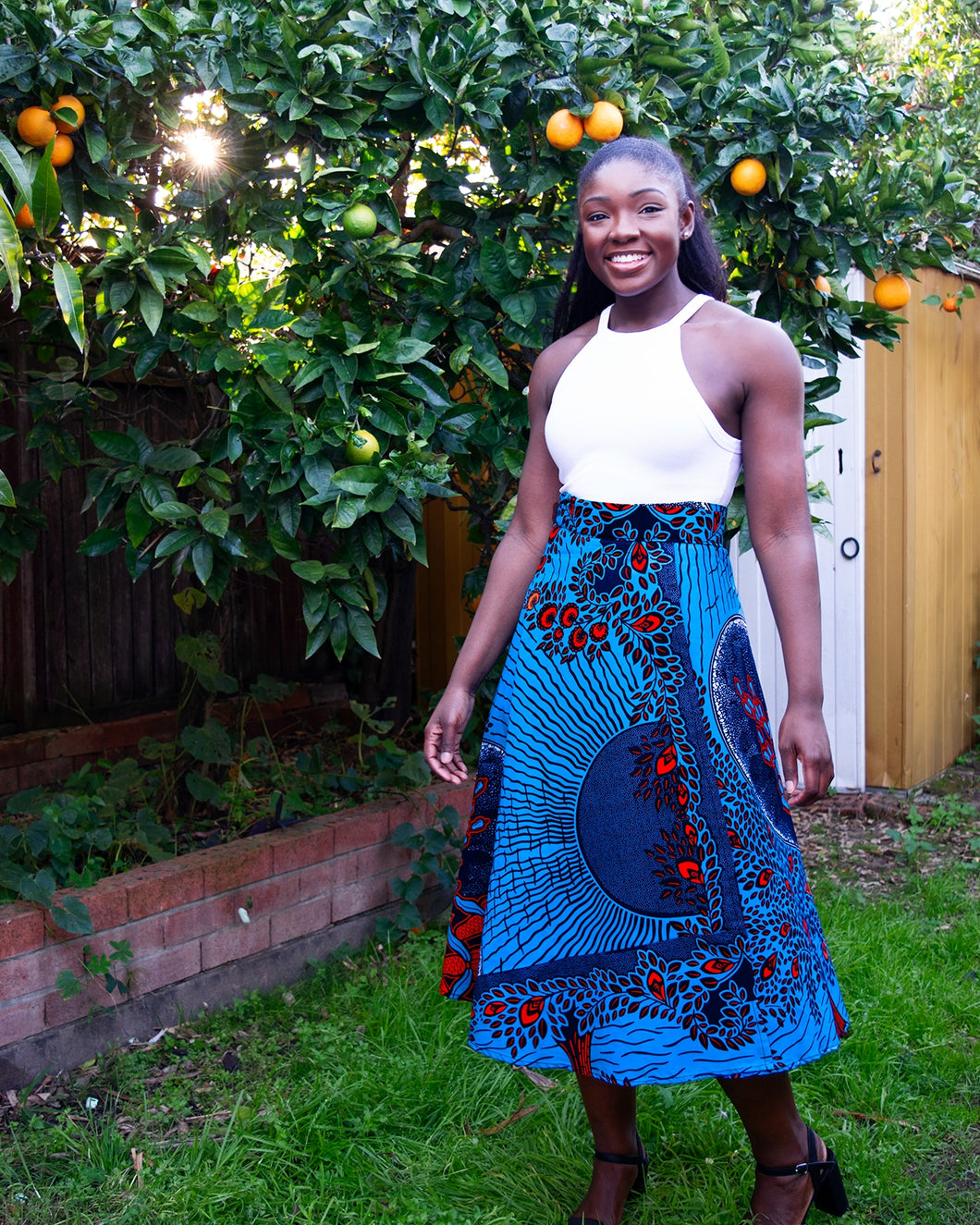 African Wax Print Midi Skirt (Blue)