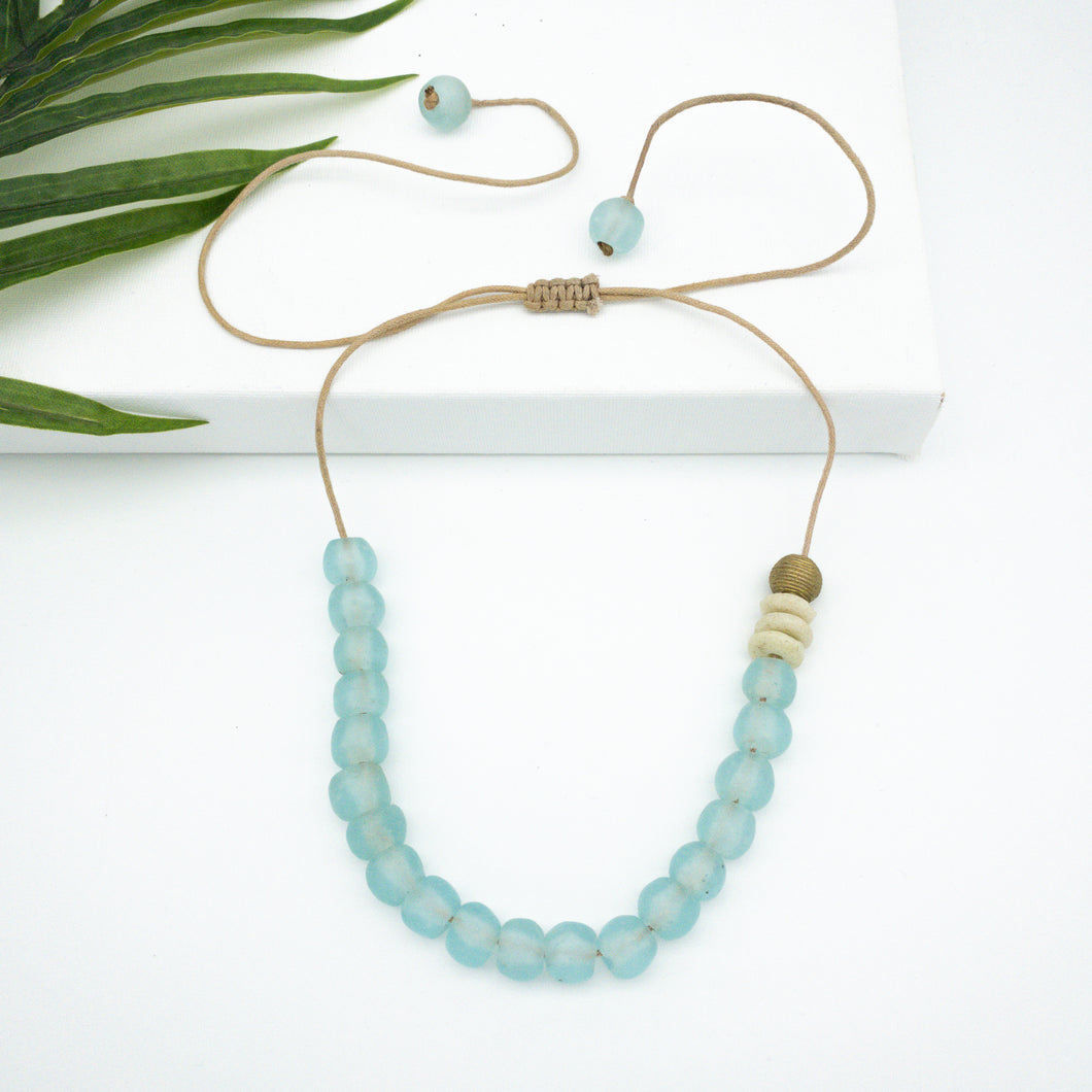 Recycled Glass Single Strand Adjustable Necklace - Ice Blue