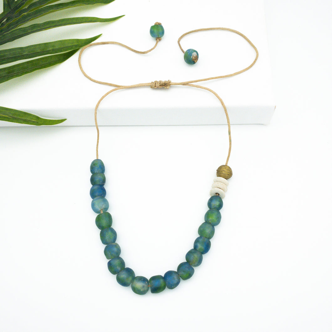 Recycled Glass Single Strand Adjustable Necklace - Ocean