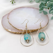 Load image into Gallery viewer, Recycled Glass Teardrop earring - Cyan Blue Swirl
