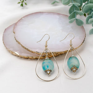 Recycled Glass Teardrop earring - Cyan Blue Swirl