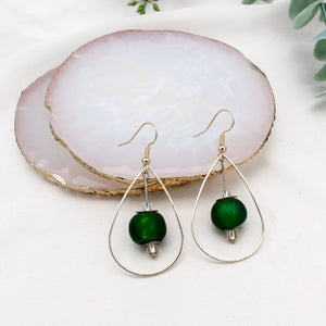 Recycled Glass Teardrop earring - Forest Green (Silver or Gold)