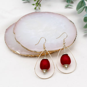Recycled Glass Teardrop earring - Red (Silver or Gold)