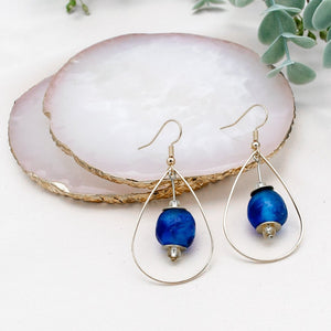 Recycled Glass Teardrop earring - Cobalt swirl (Silver or Gold)