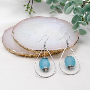 Recycled Glass Teardrop earring - Cyan Blue