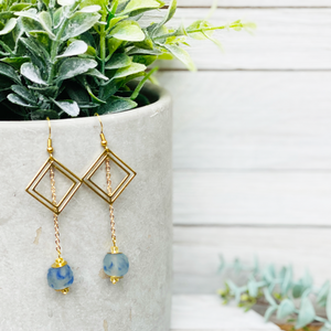 Recycled Glass Diamond drop earring - Blue swirl