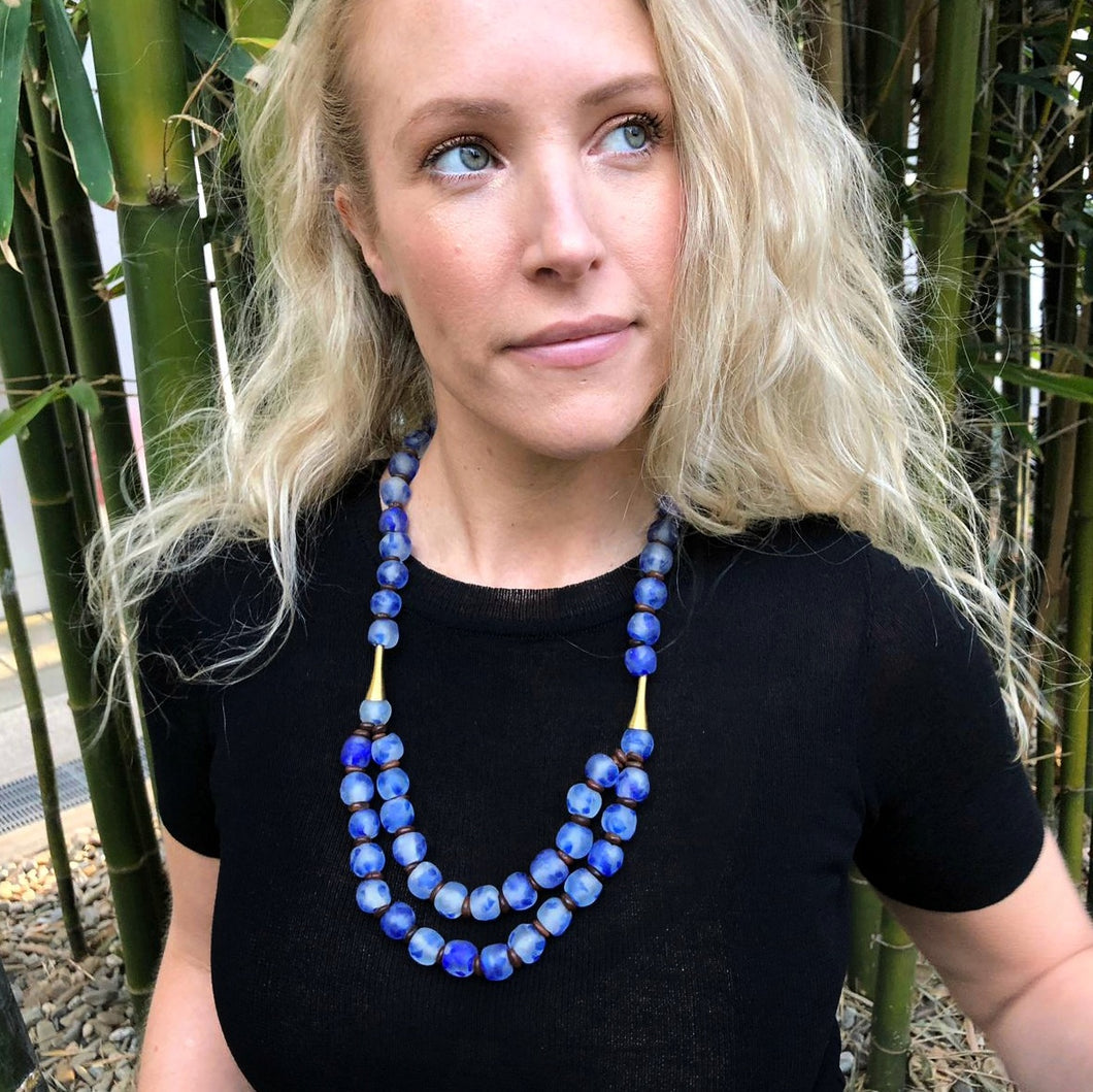 Recycled Glass Long 'Rise and Shine' necklace - Speckled cobalt