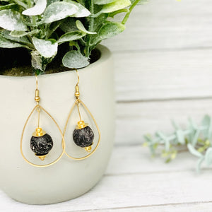 Recycled Glass Teardrop earring - Black (Silver or Gold)