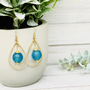 Recycled Glass Teardrop earring - Azure Blue (Silver or Gold)