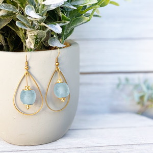Recycled Glass Teardrop earring - Ice Blue (Silver or Gold)