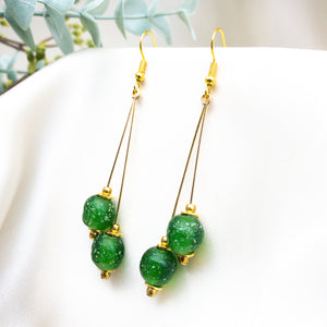 Recycled Glass Double drop earring - Peridot