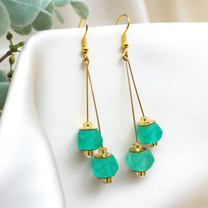 Recycled Glass Double drop earring - Green Garnet