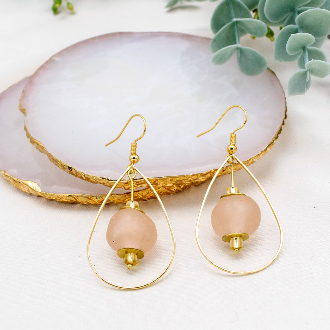 Recycled Glass Teardrop earring - Blush Pink (Silver or Gold)