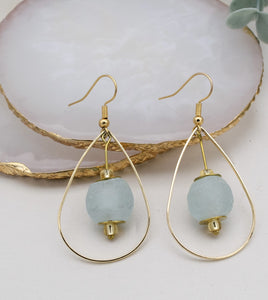 Recycled Glass Teardrop earring - Ice Blue (Silver or Gold)