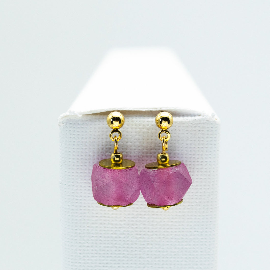 Recycled Glass Pink Tourmaline Zodiac Birthstone Earrings (October) (Silver or Gold)