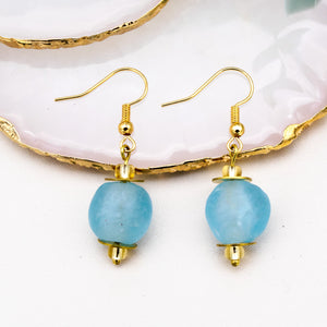 Recycled Glass Swing earring - Cyan Blue (Silver or Gold)