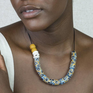 (Wholesale) Hand painted adjustable necklace - Blue & Yellow