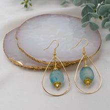 Load image into Gallery viewer, Recycled Glass Teardrop earring - Cyan Blue Swirl (Silver or Gold)
