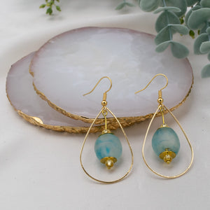 Recycled Glass Teardrop earring - Cyan Blue Swirl (Silver or Gold)