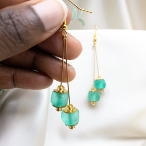 Recycled Glass Double drop earring - Green Garnet