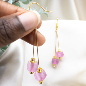 Recycled Glass Double drop earring - Pink Tourmaline