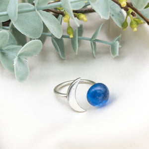 Recycled Glass Moon Ring - Cobalt