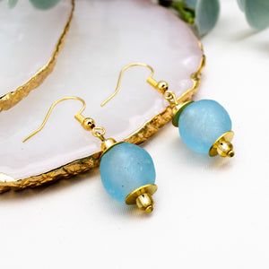 Recycled Glass Swing earring - Cyan Blue (Silver or Gold)