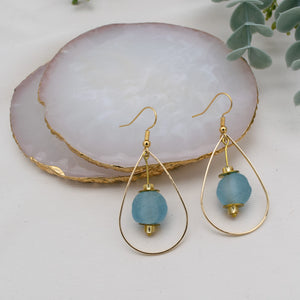 Recycled Glass Teardrop earring - Cyan Blue