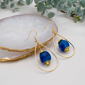 Recycled Glass Teardrop earring - Cobalt swirl