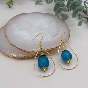 Recycled Glass Teardrop earring - Azure Blue (Silver or Gold)