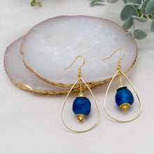 Load image into Gallery viewer, Recycled Glass Teardrop earring - Cobalt swirl (Silver or Gold)
