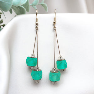 Recycled Glass Double drop earring - Green Garnet