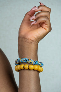 Recycled Glass Hand painted double stack bracelets - Blue & Yellow