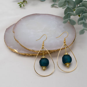 Recycled Glass Teardrop earring - Teal (Silver or Gold)